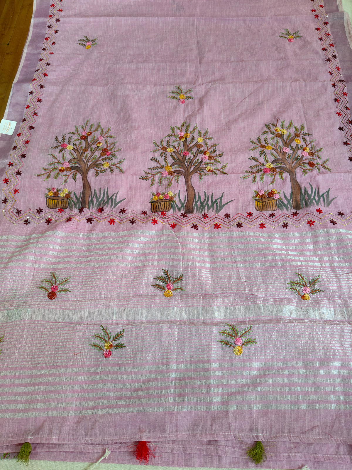 Dusty Lilac Linen-Cotton Saree with Hand Embroidery