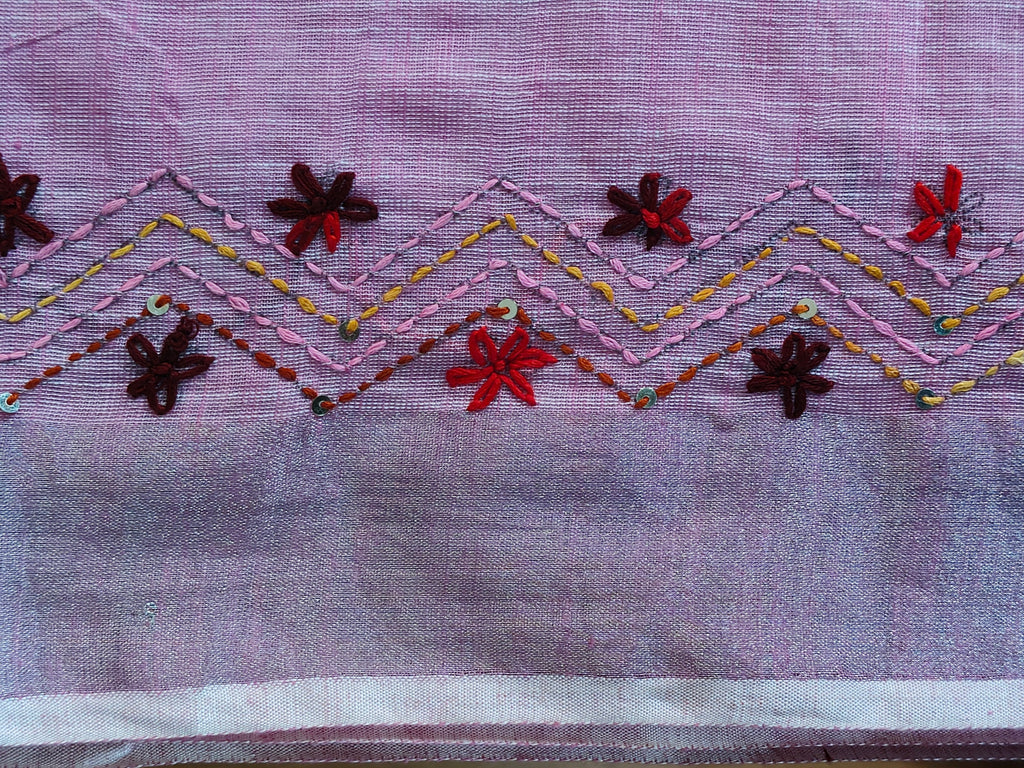 Dusty Lilac Linen-Cotton Saree with Hand Embroidery