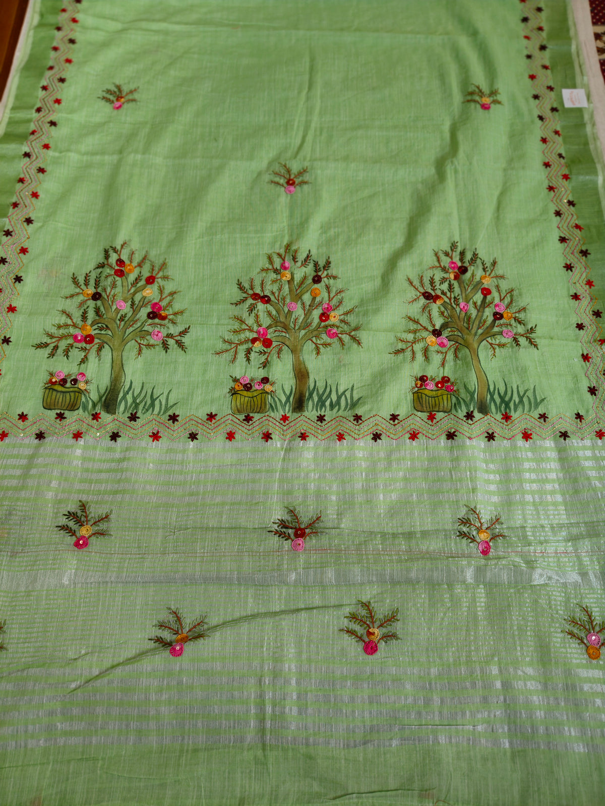 Leaf Green Linen-Cotton Saree with Hand Embroidery