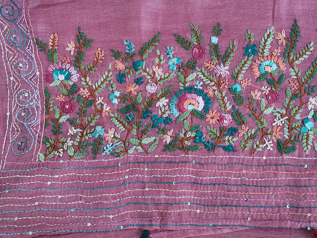 Dusty Rose Linen-Cotton Saree with Hand Embroidery