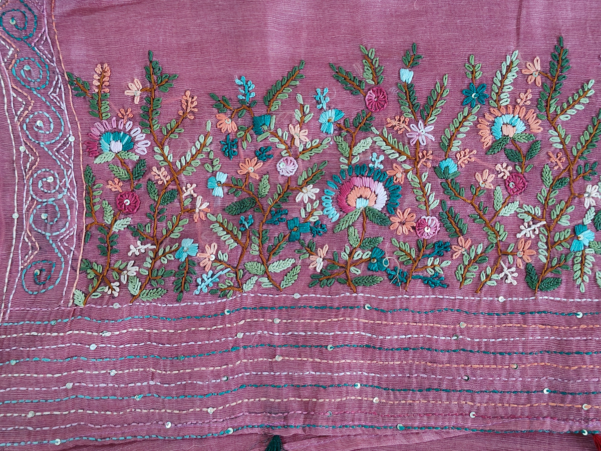 Dusty Rose Linen-Cotton Saree with Hand Embroidery