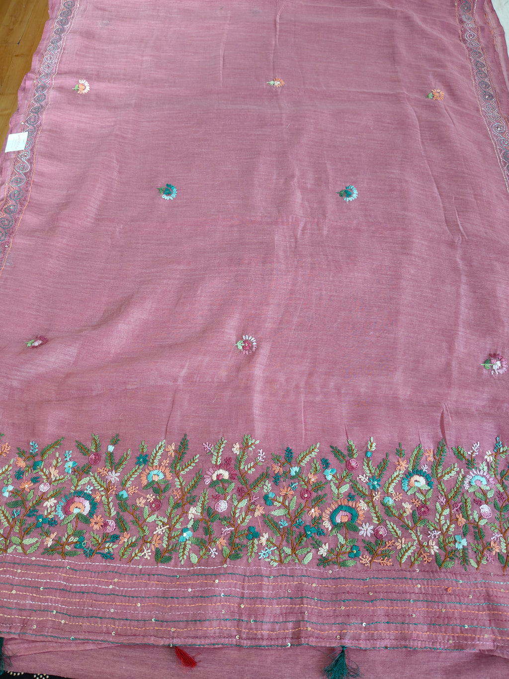 Dusty Rose Linen-Cotton Saree with Hand Embroidery