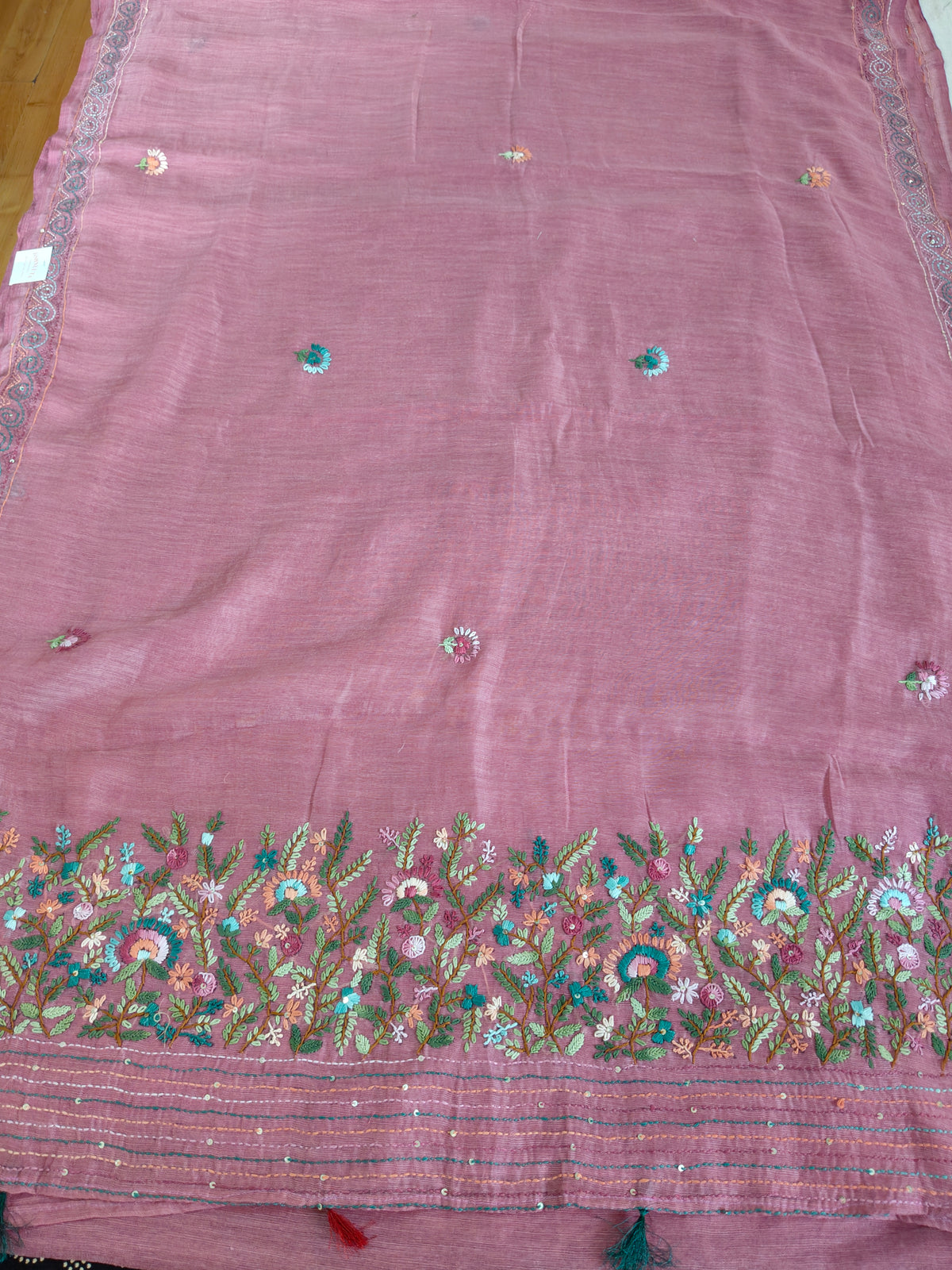 Dusty Rose Linen-Cotton Saree with Hand Embroidery