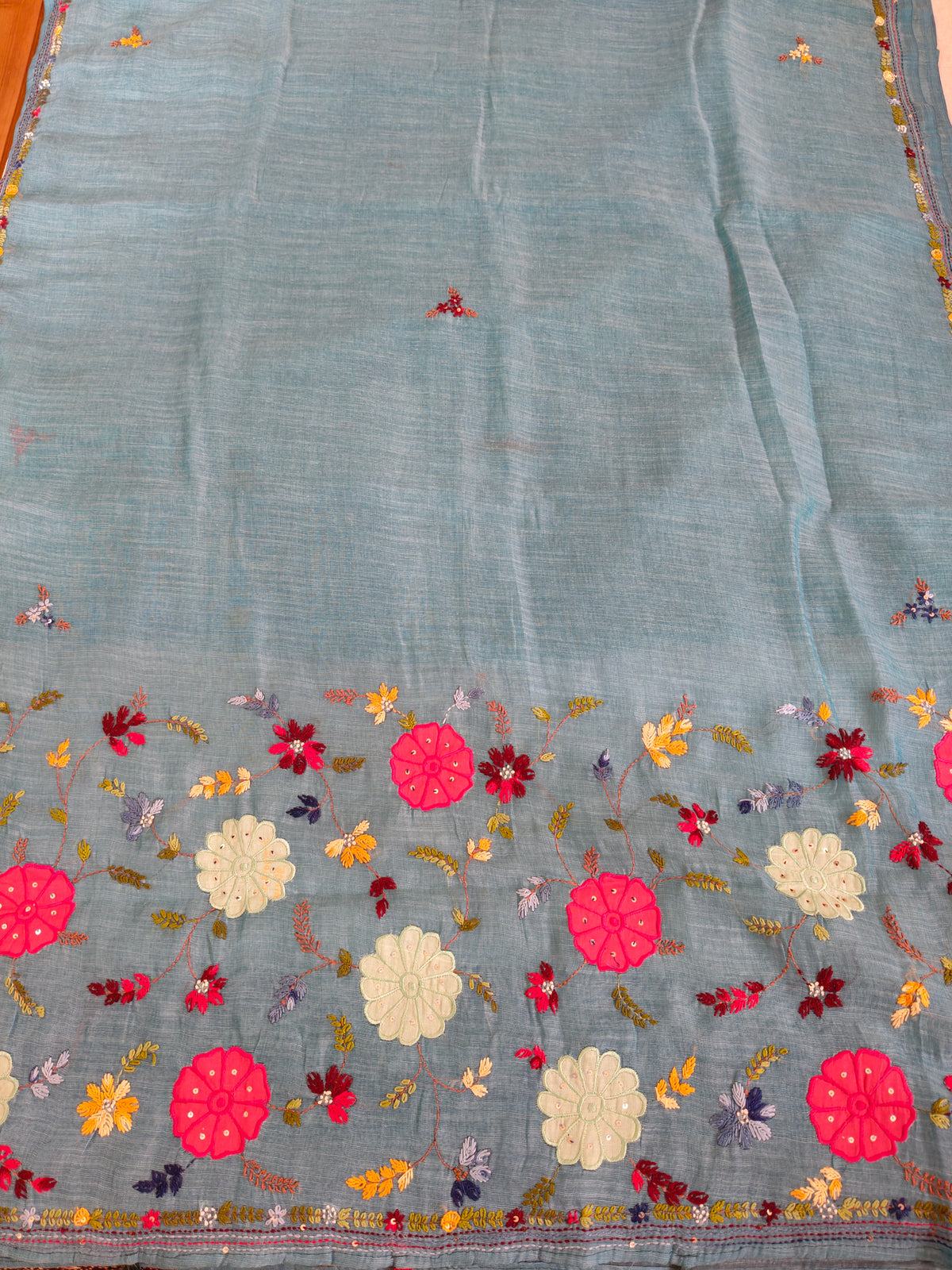 Dusty Blue Linen-Cotton Saree with Hand Embroidery