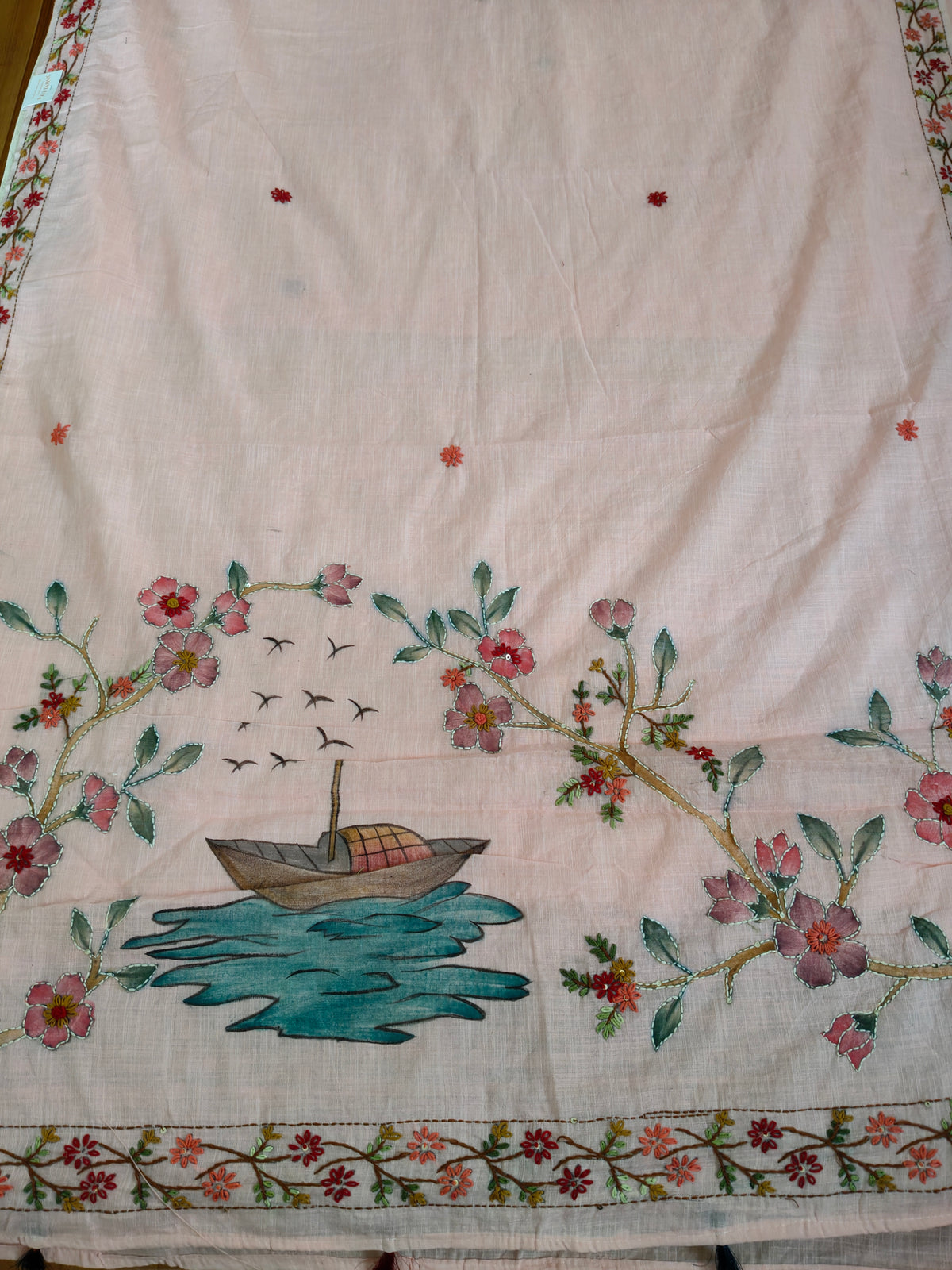 Soft Pink Linen-Cotton Hand-Embroidered Saree