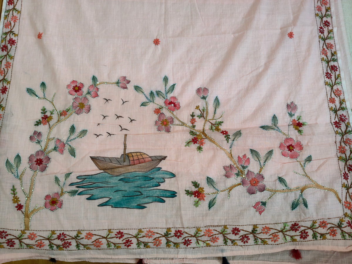 Soft Pink Linen-Cotton Hand-Embroidered Saree