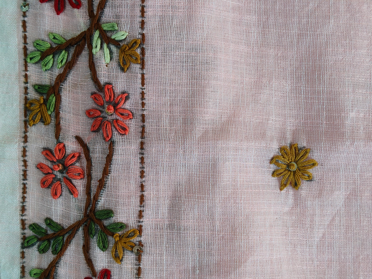 Soft Pink Linen-Cotton Hand-Embroidered Saree