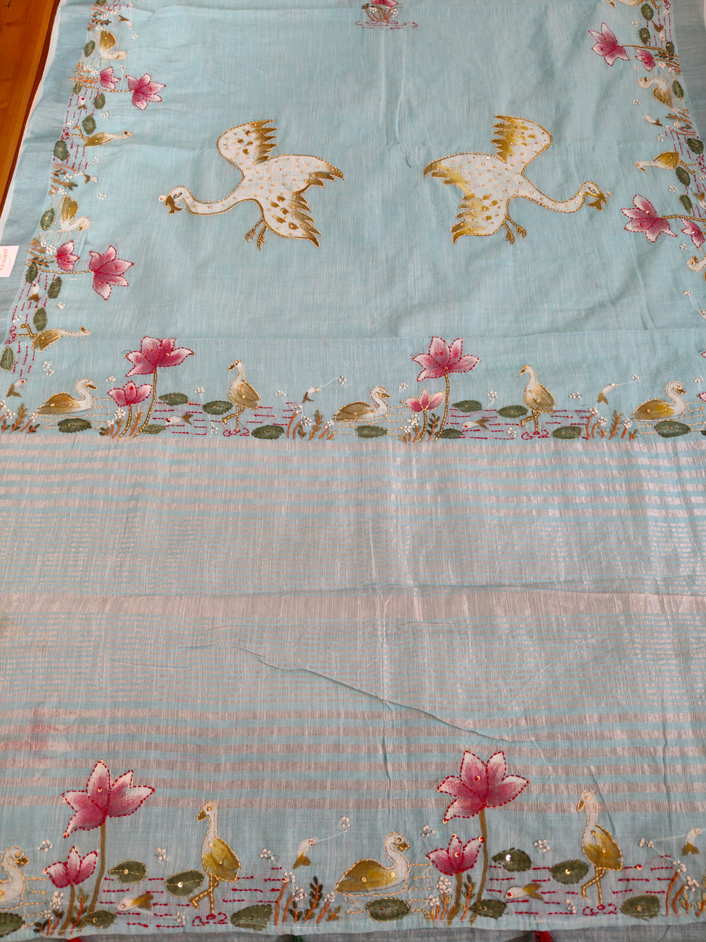 Pastel Blue Linen-Cotton Hand-Painted Embroidered Saree