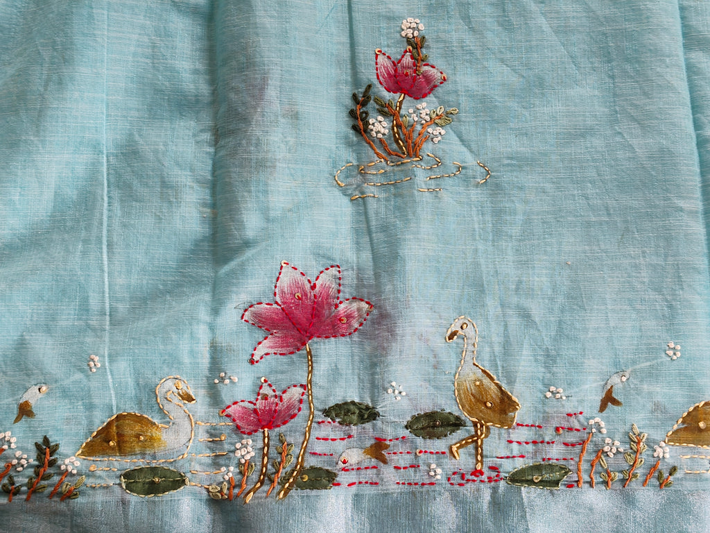 Pastel Blue Linen-Cotton Hand-Painted Embroidered Saree