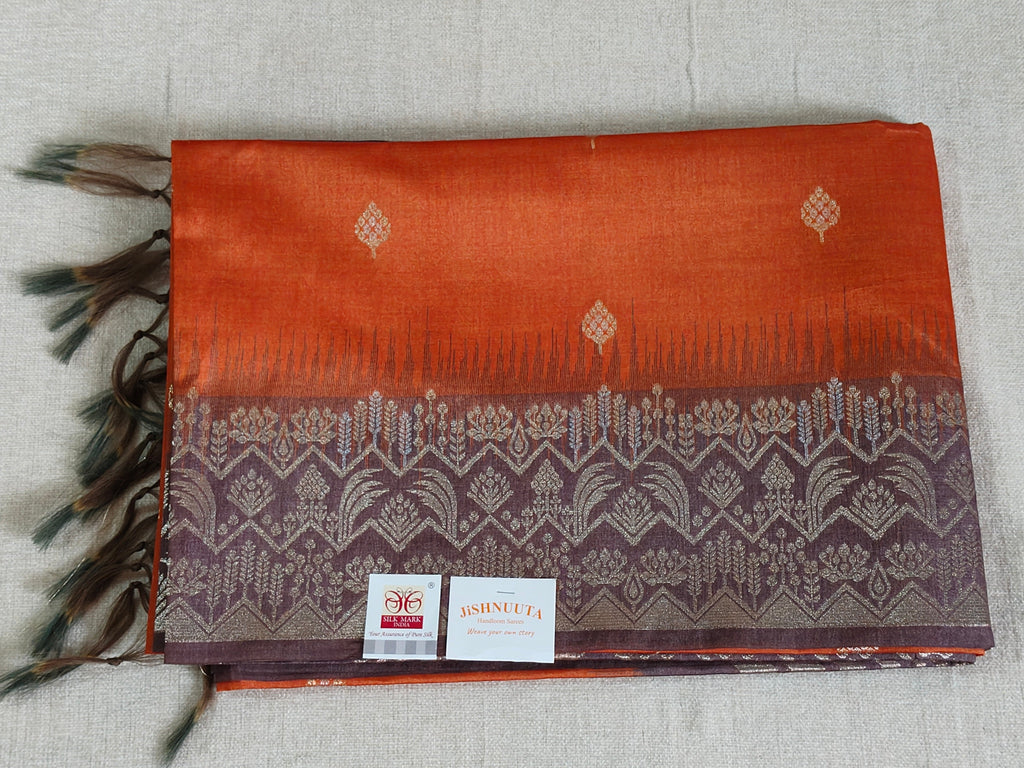 Burnt Peach Pure Tussar Jamdani Silk Saree