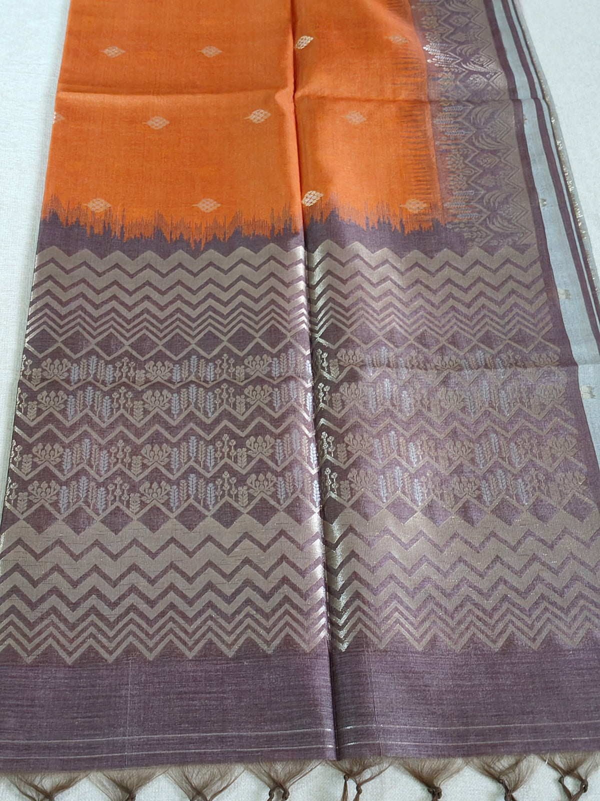 Burnt Peach Pure Tussar Jamdani Silk Saree