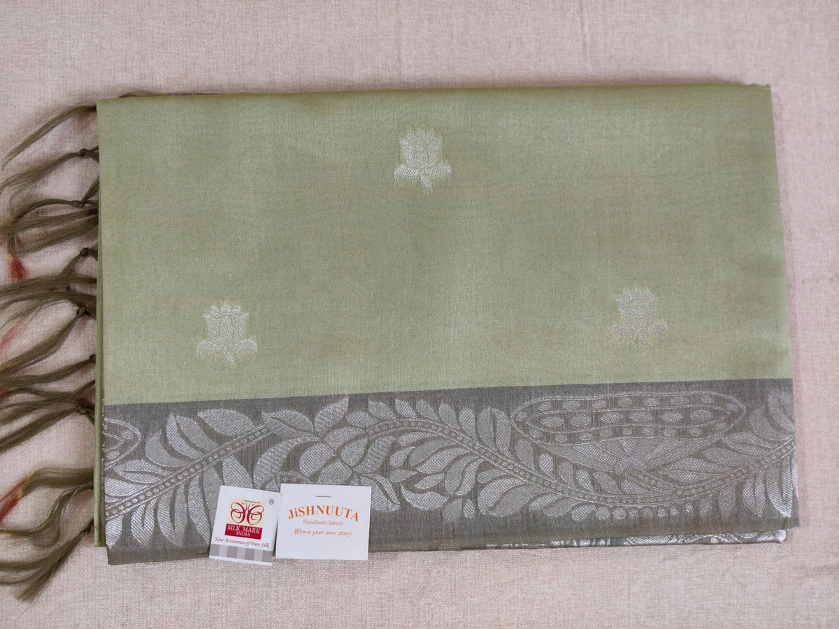 Sage Green Pure Tussar Jamdani Silk Saree