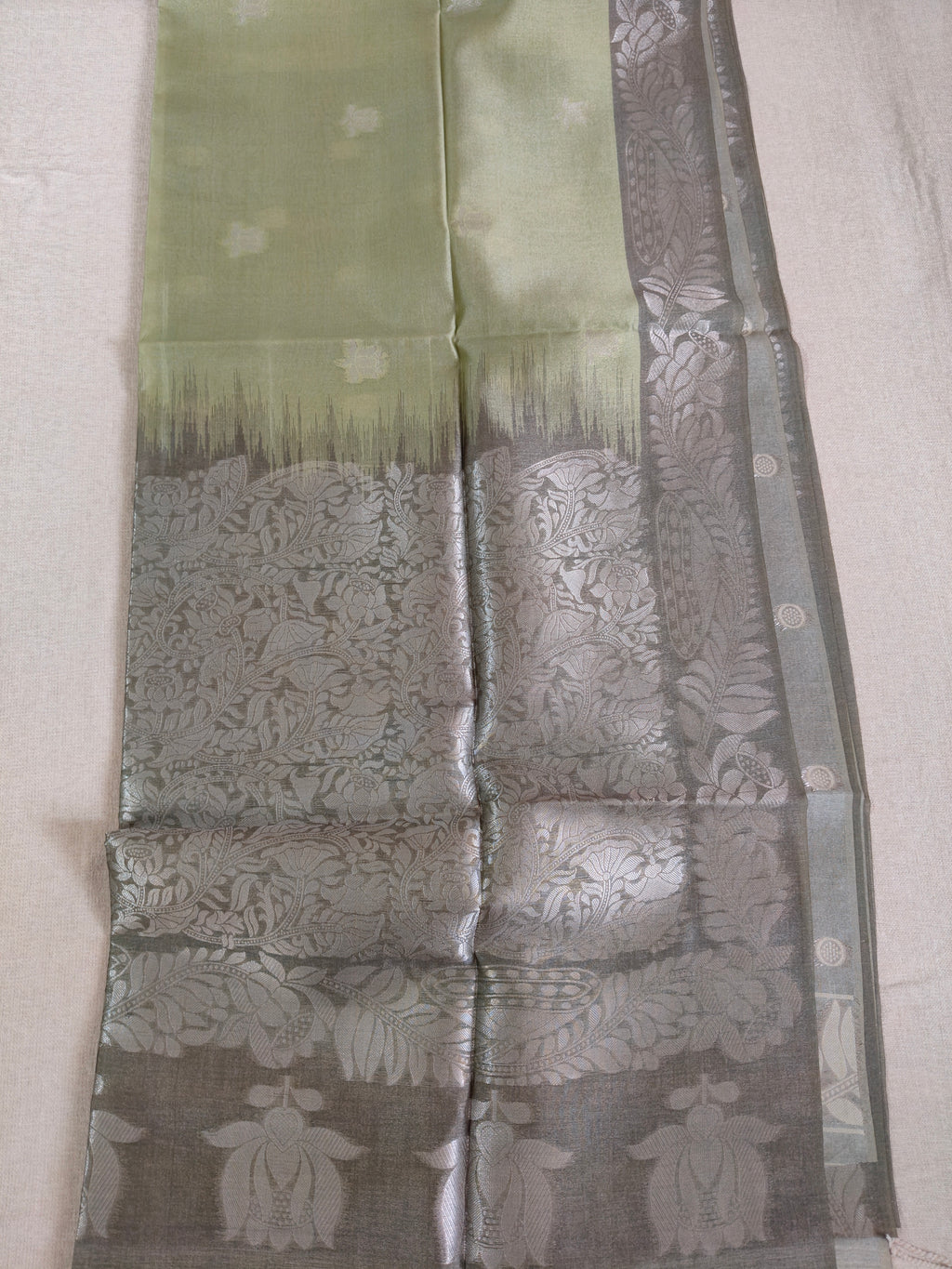 Sage Green Pure Tussar Jamdani Silk Saree