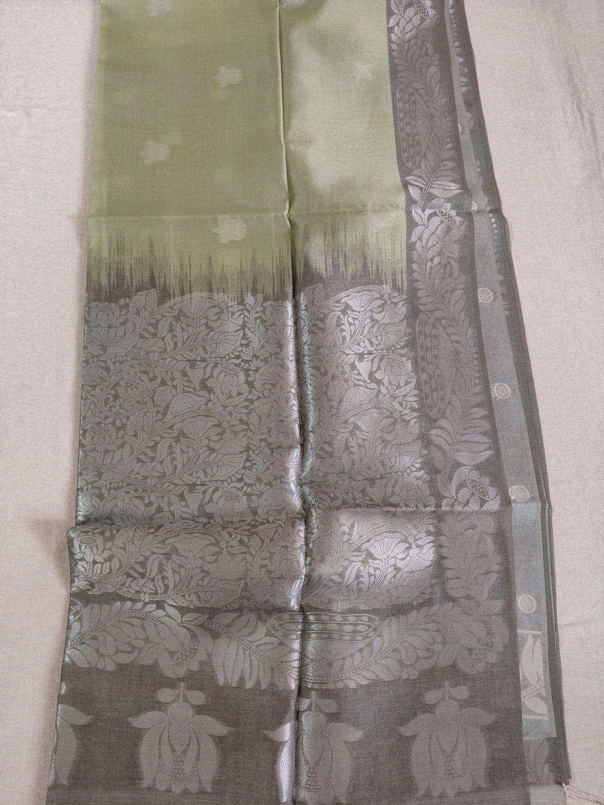 Sage Green Pure Tussar Jamdani Silk Saree