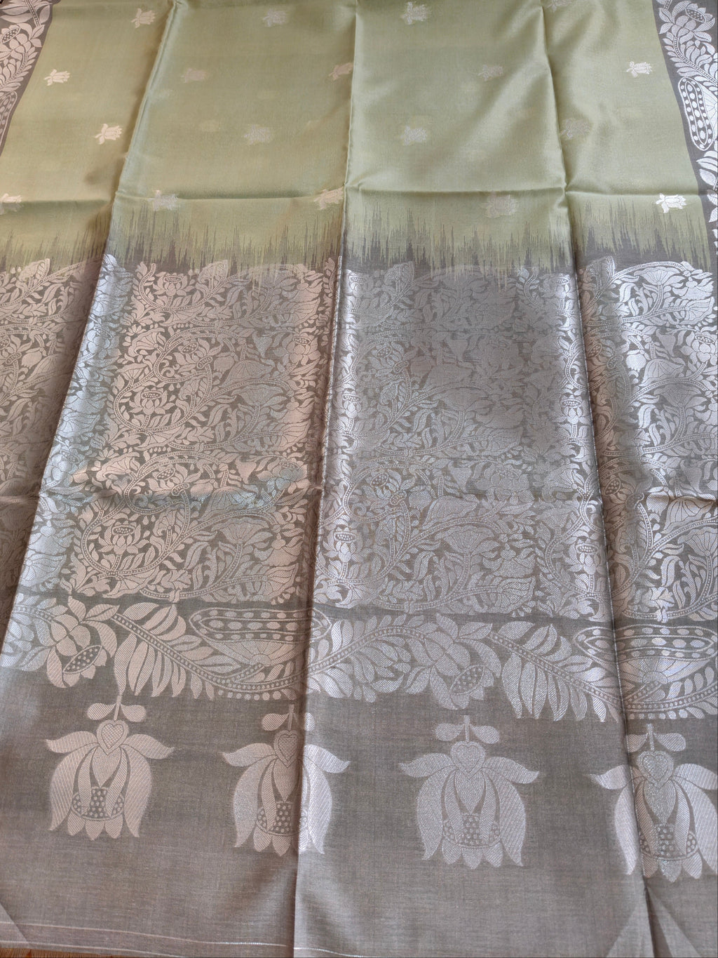 Sage Green Pure Tussar Jamdani Silk Saree