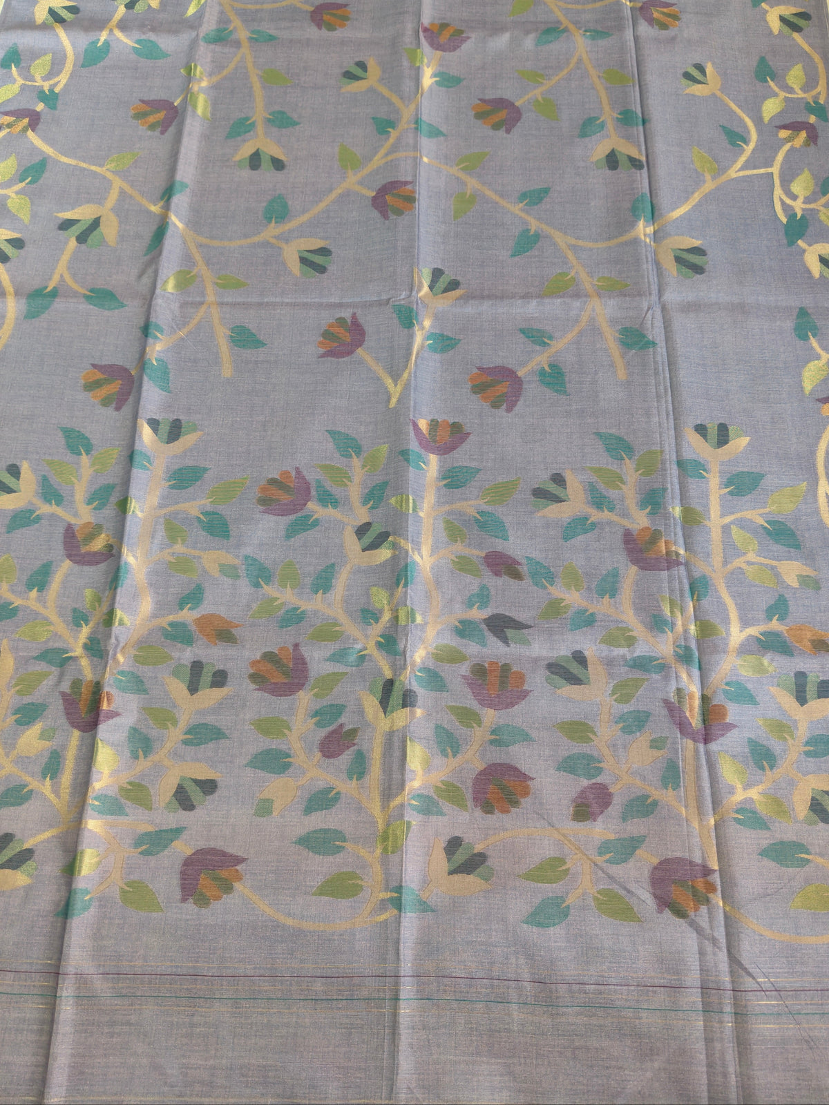 Misty Blue-Grey Pure Tussar Jamdani Saree