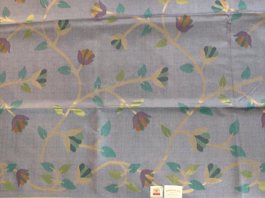 Misty Blue-Grey Pure Tussar Jamdani Saree