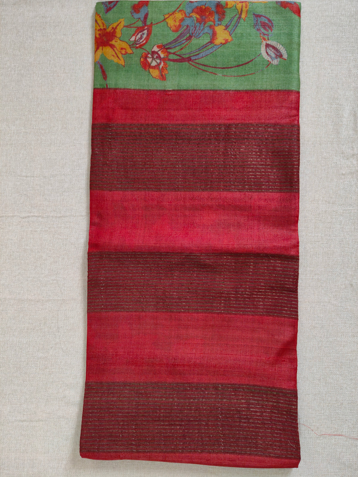 Green Floral Digital-Print Tussar Silk Saree with Rust-Red Pallu without BP