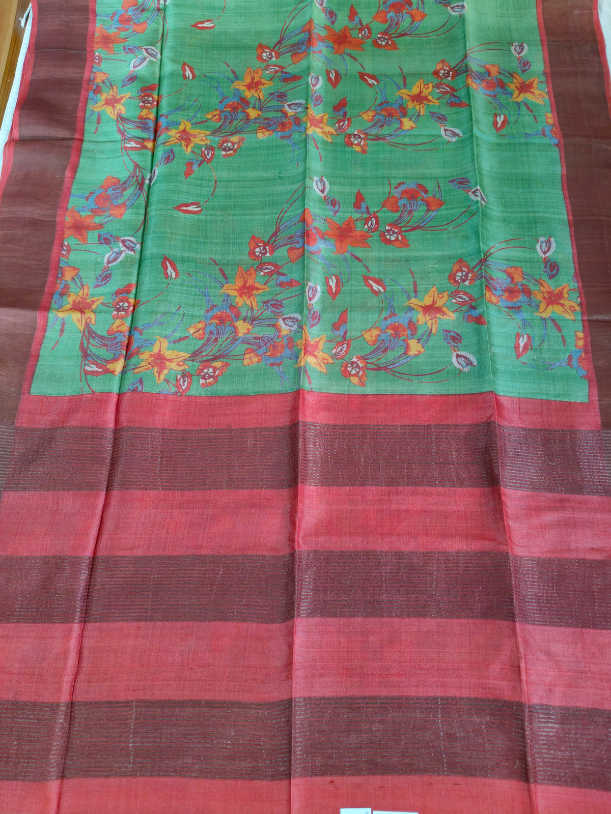 Green Floral Digital-Print Tussar Silk Saree with Rust-Red Pallu without BP