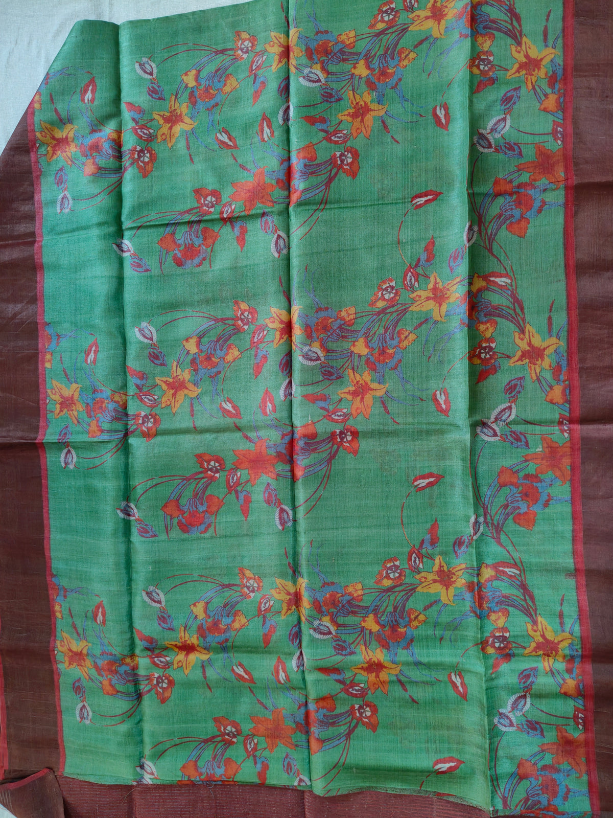 Green Floral Digital-Print Tussar Silk Saree with Rust-Red Pallu without BP
