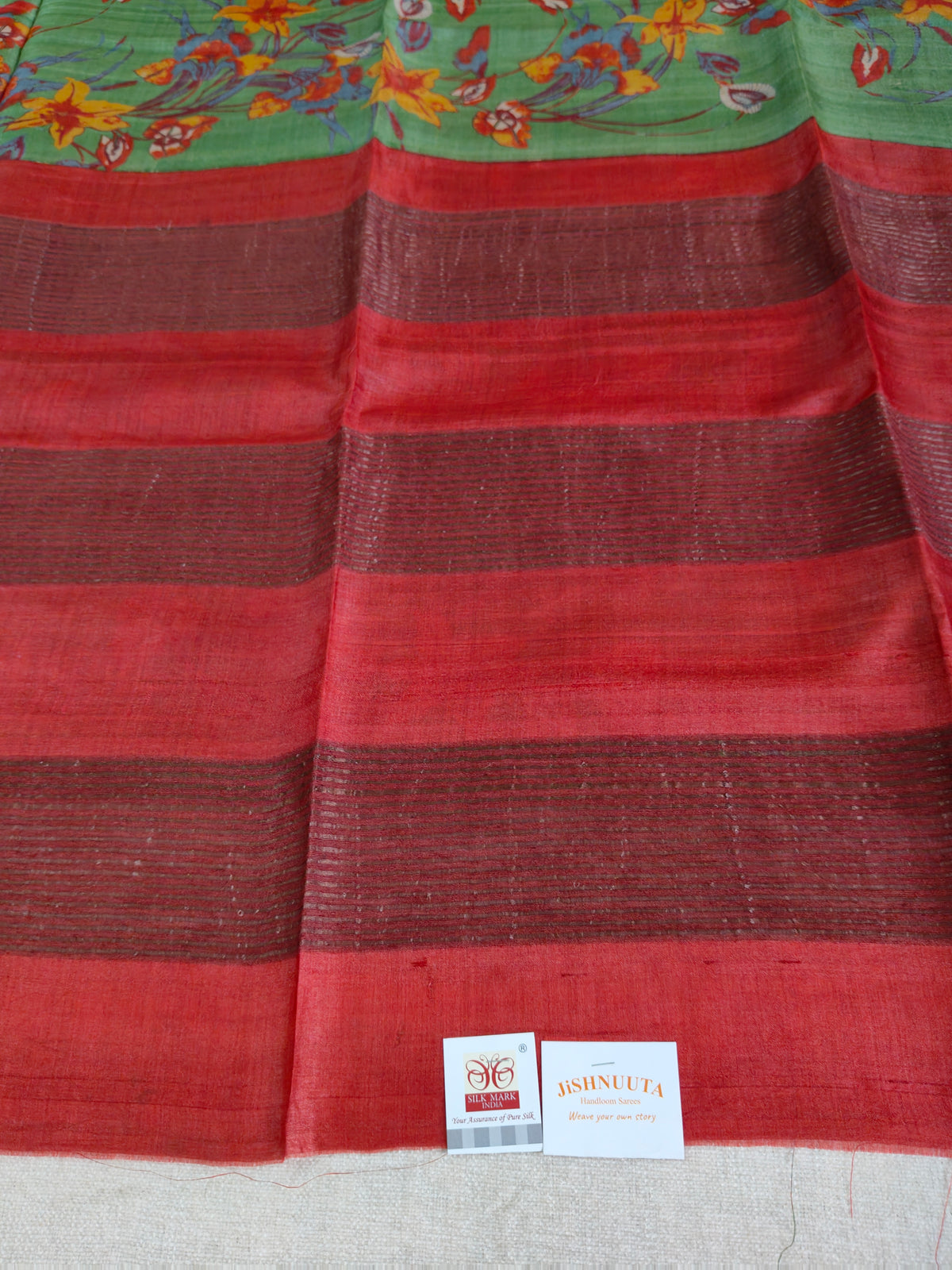 Green Floral Digital-Print Tussar Silk Saree with Rust-Red Pallu without BP