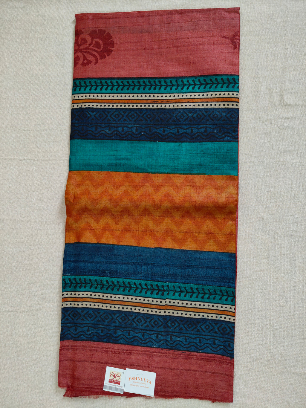 Coral & Teal Digital Print Tussar Silk Saree