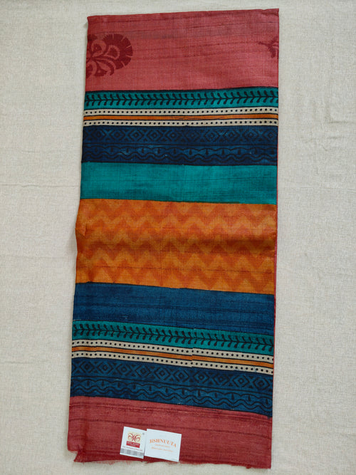 Coral & Teal Digital Print Tussar Silk Saree