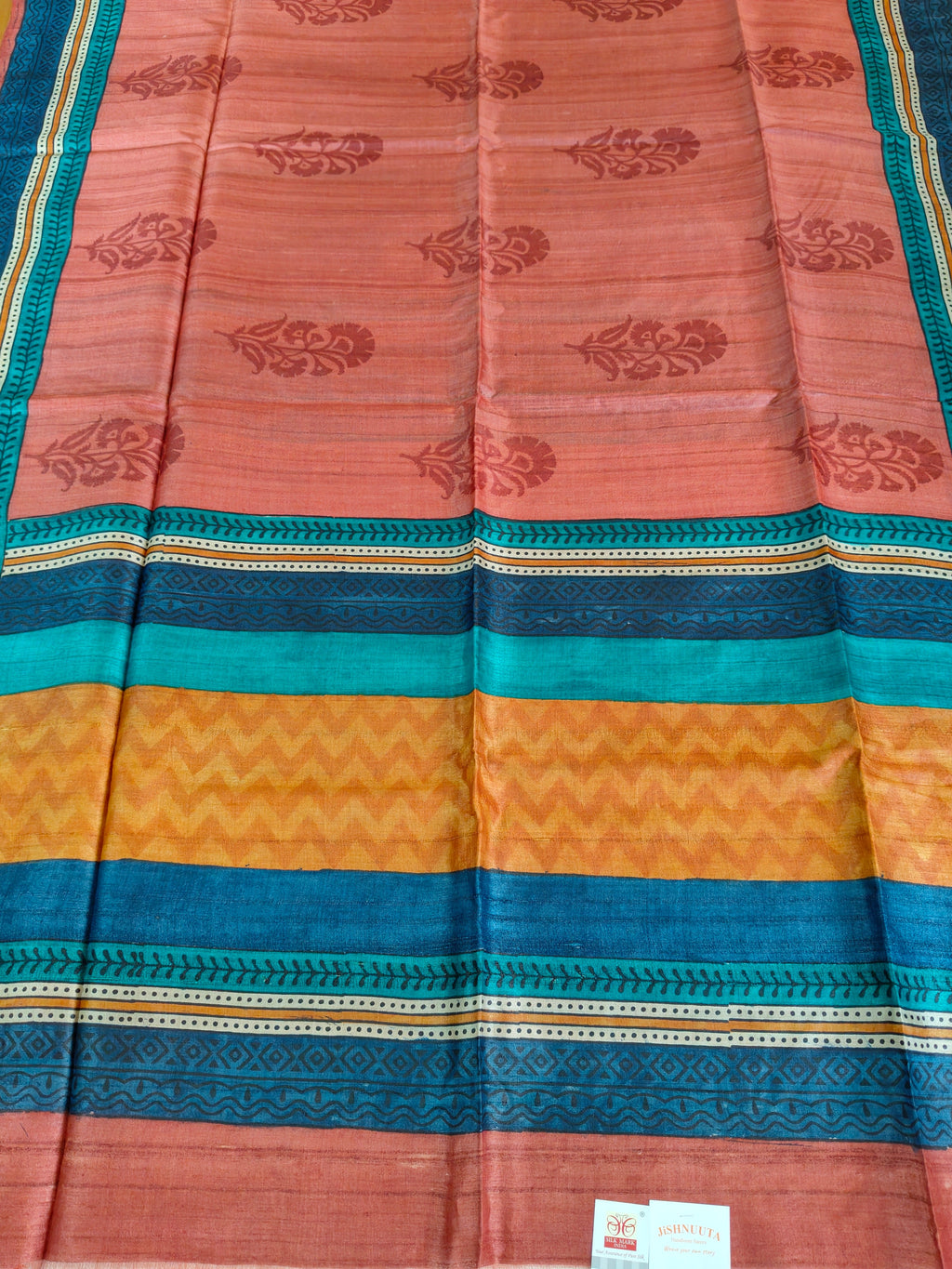 Coral & Teal Digital Print Tussar Silk Saree