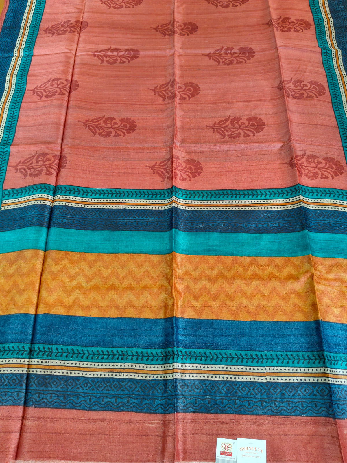 Coral & Teal Digital Print Tussar Silk Saree