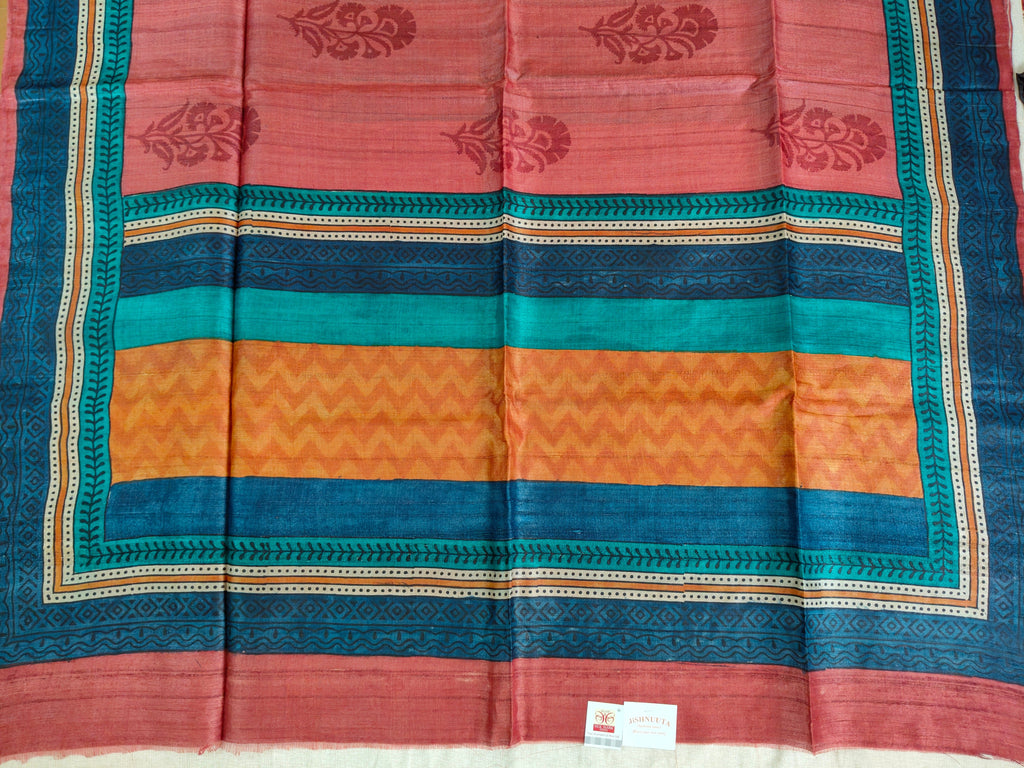 Coral & Teal Digital Print Tussar Silk Saree
