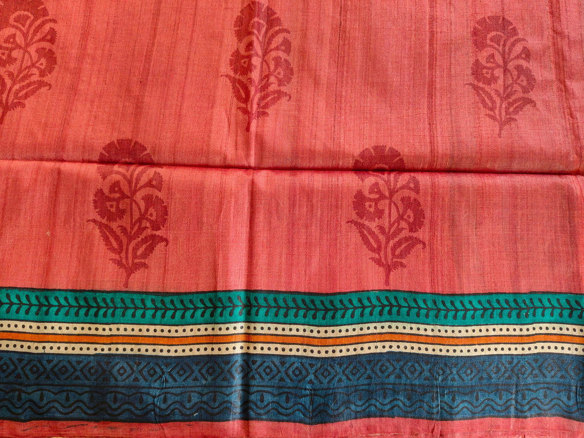 Coral & Teal Digital Print Tussar Silk Saree