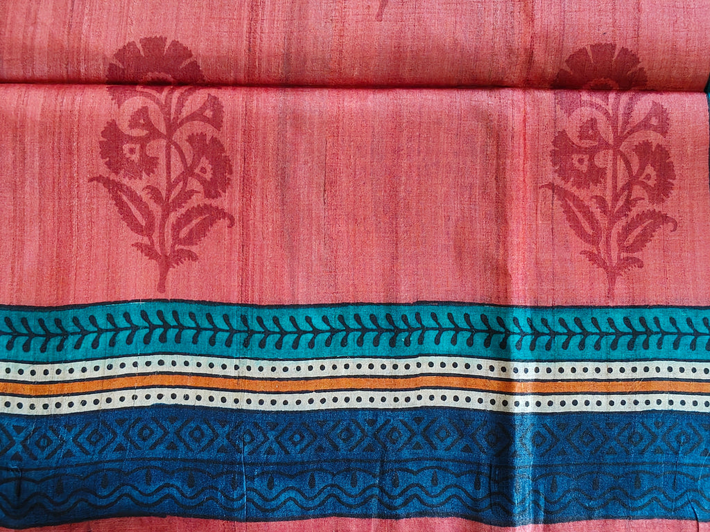 Coral & Teal Digital Print Tussar Silk Saree