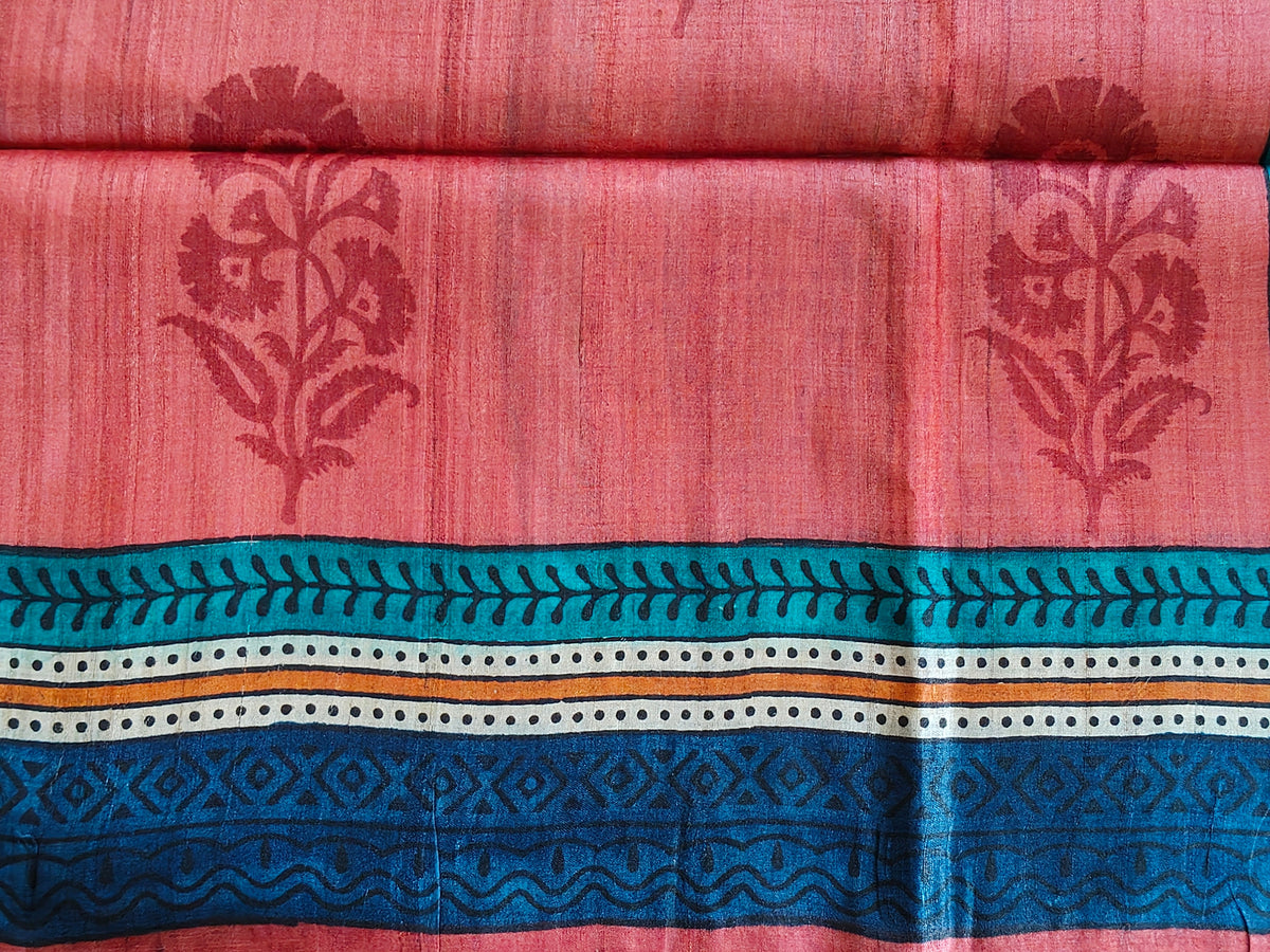 Coral & Teal Digital Print Tussar Silk Saree