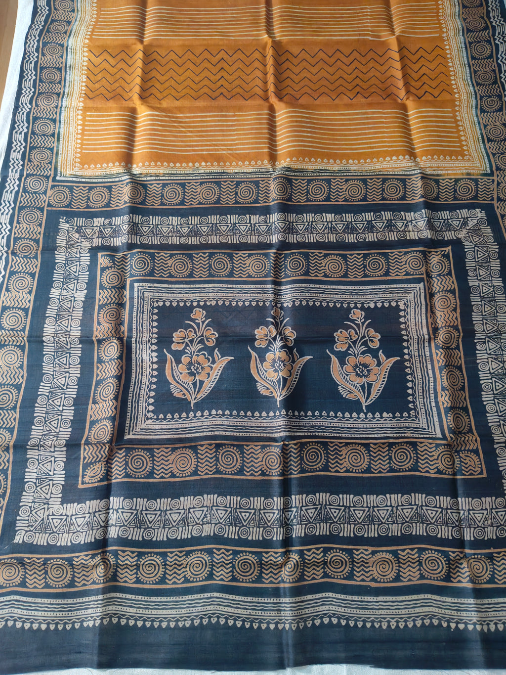 Mustard and Black Pure Silk Saree with Floral Pallu