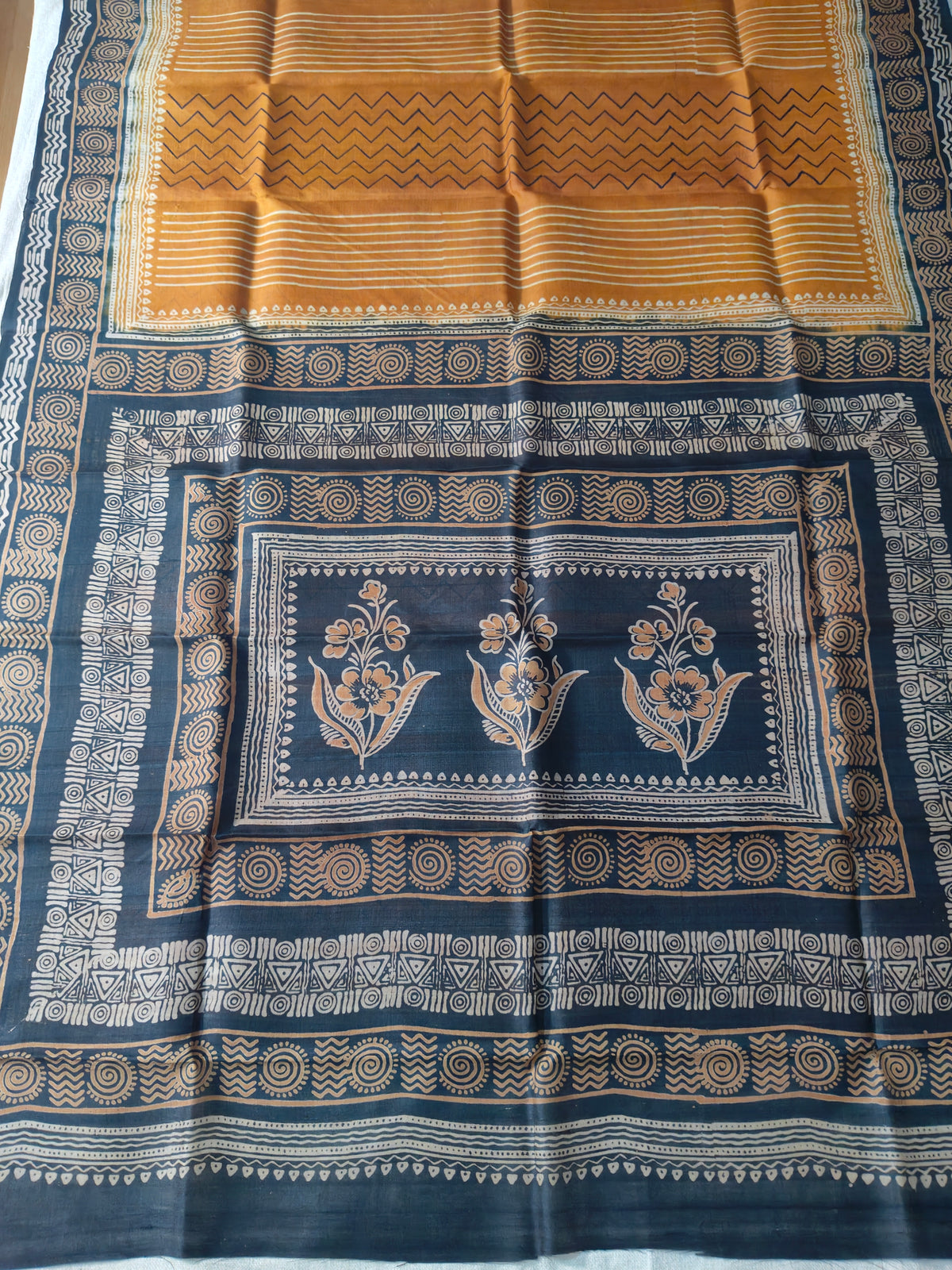 Mustard and Black Pure Silk Saree with Floral Pallu