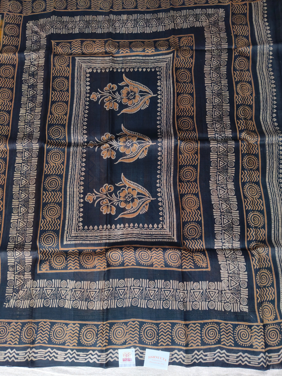 Mustard and Black Pure Silk Saree with Floral Pallu