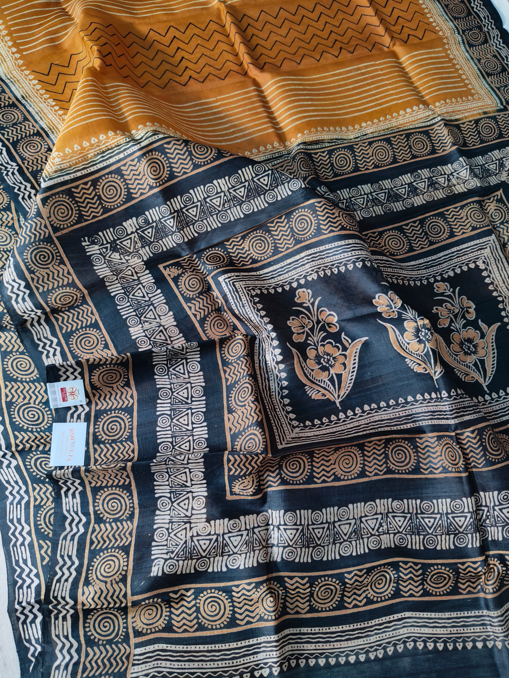 Mustard and Black Pure Silk Saree with Floral Pallu