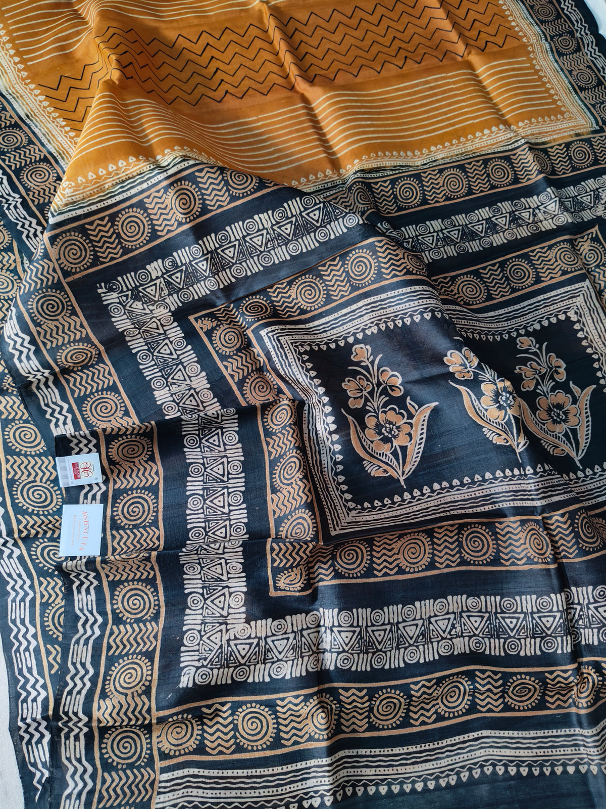 Mustard and Black Pure Silk Saree with Floral Pallu
