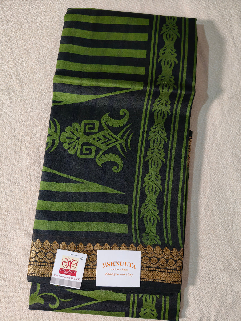 Indigo and Olive Green Pure Silk Saree with Geometric Motifs
