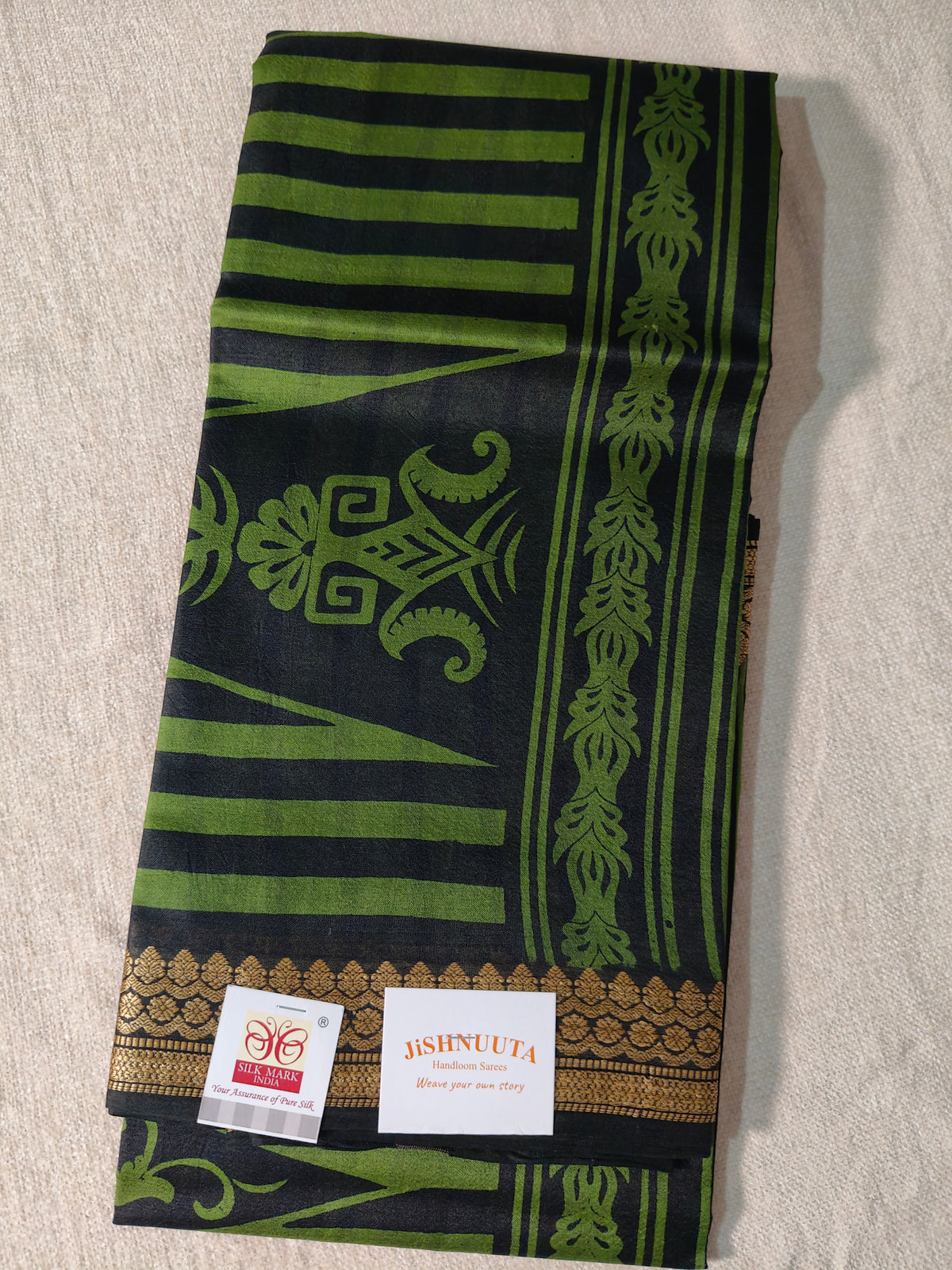 Indigo and Olive Green Pure Silk Saree with Geometric Motifs
