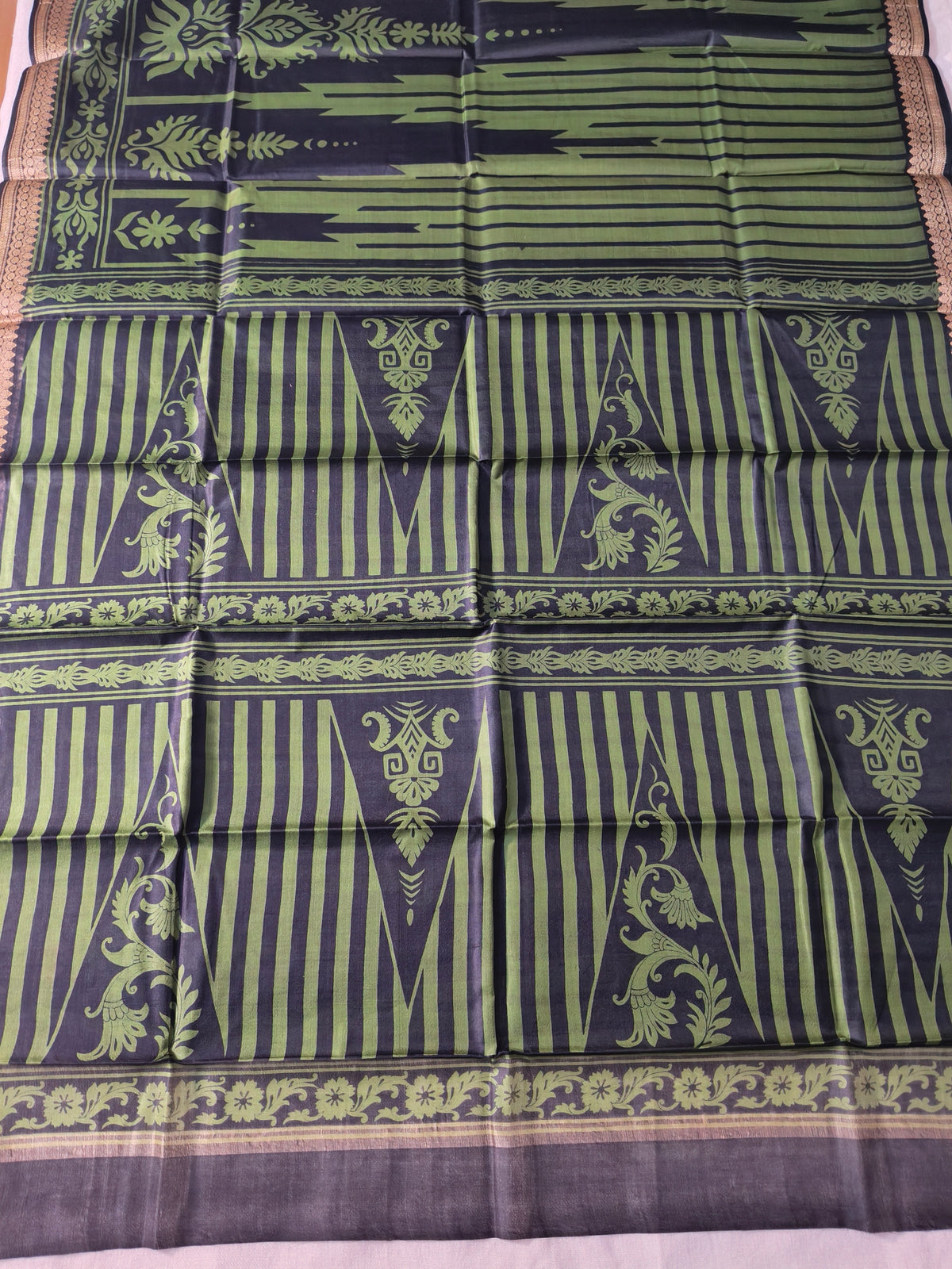 Indigo and Olive Green Pure Silk Saree with Geometric Motifs
