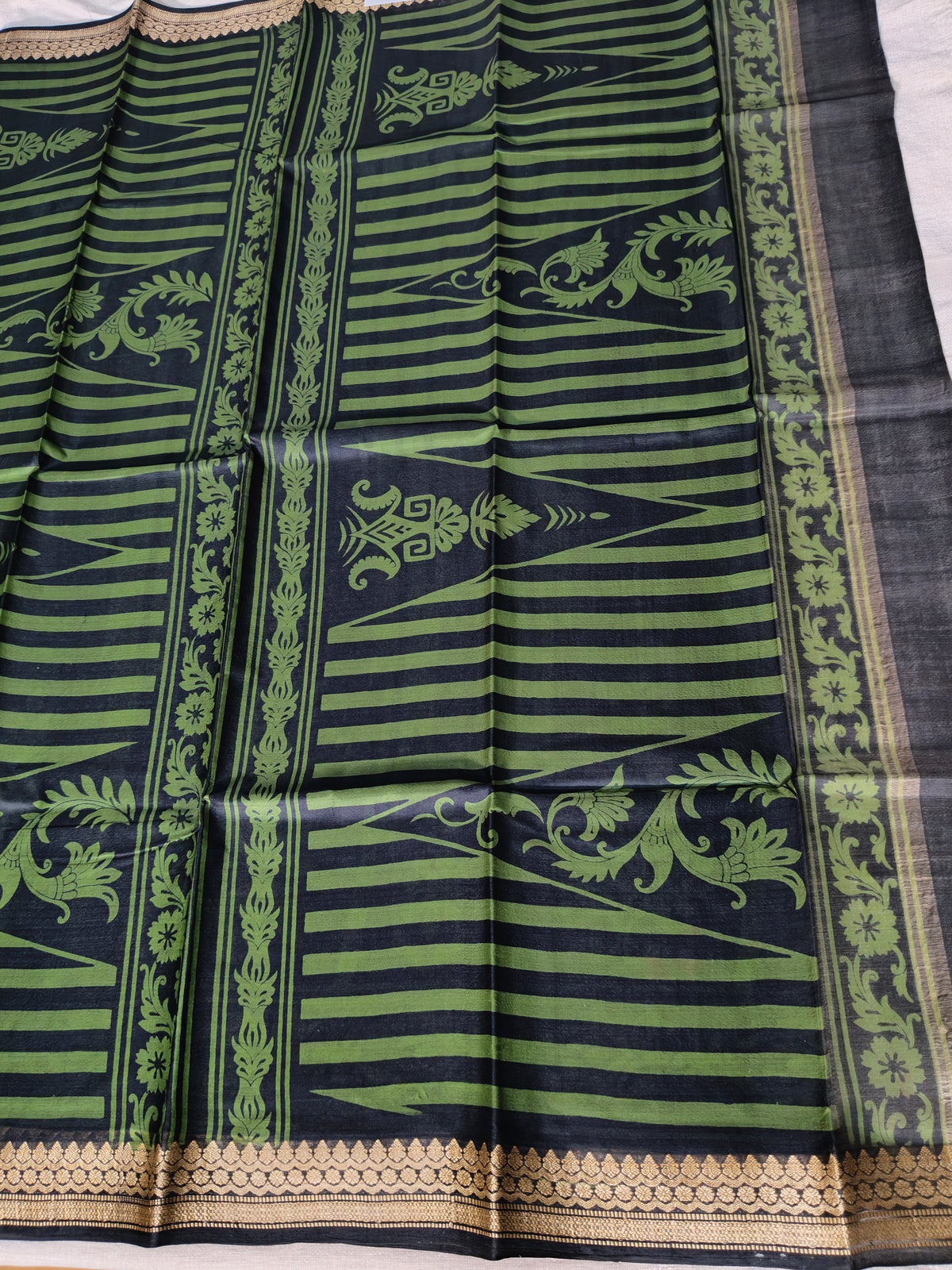 Indigo and Olive Green Pure Silk Saree with Geometric Motifs