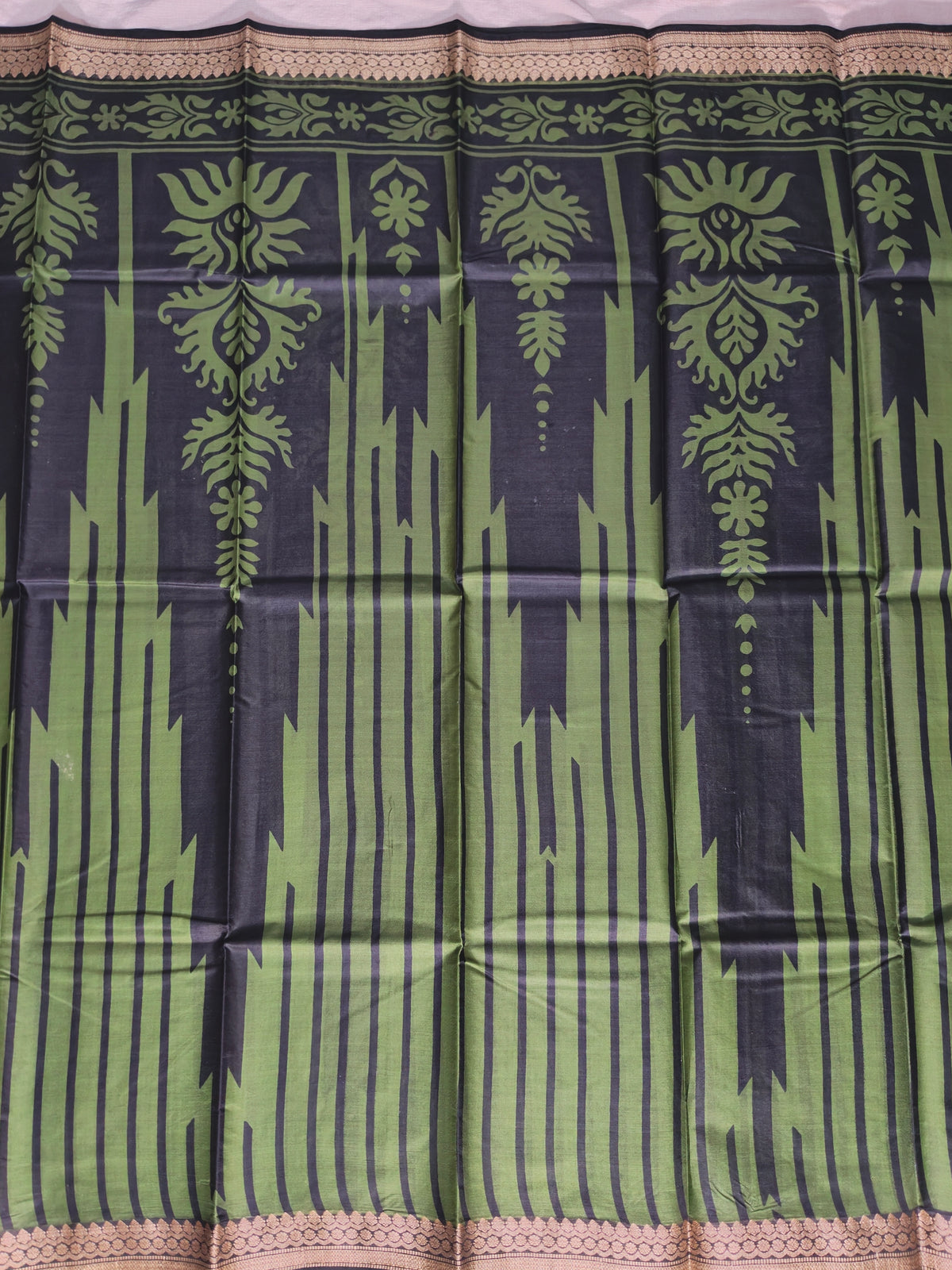 Indigo and Olive Green Pure Silk Saree with Geometric Motifs