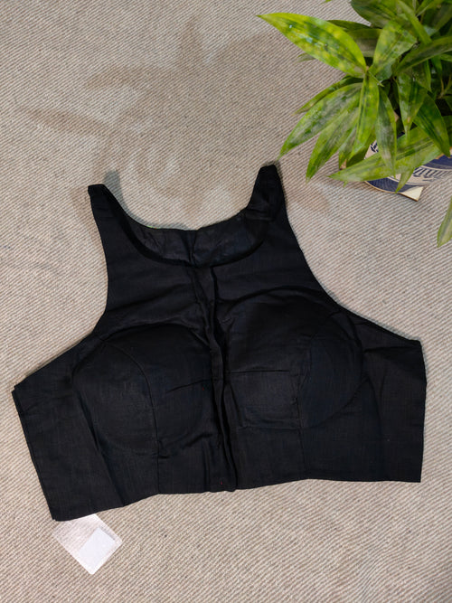 Black Cotton Jamdani Razor-Cut Blouse with Hand Embroidery