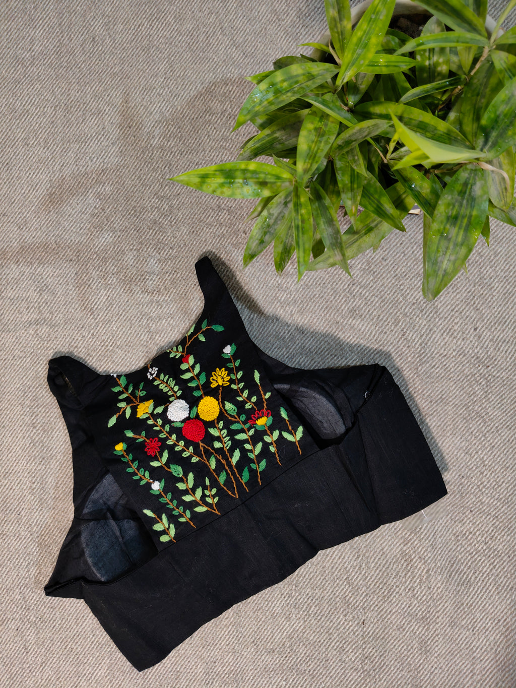 Black Cotton Jamdani Razor-Cut Blouse with Hand Embroidery