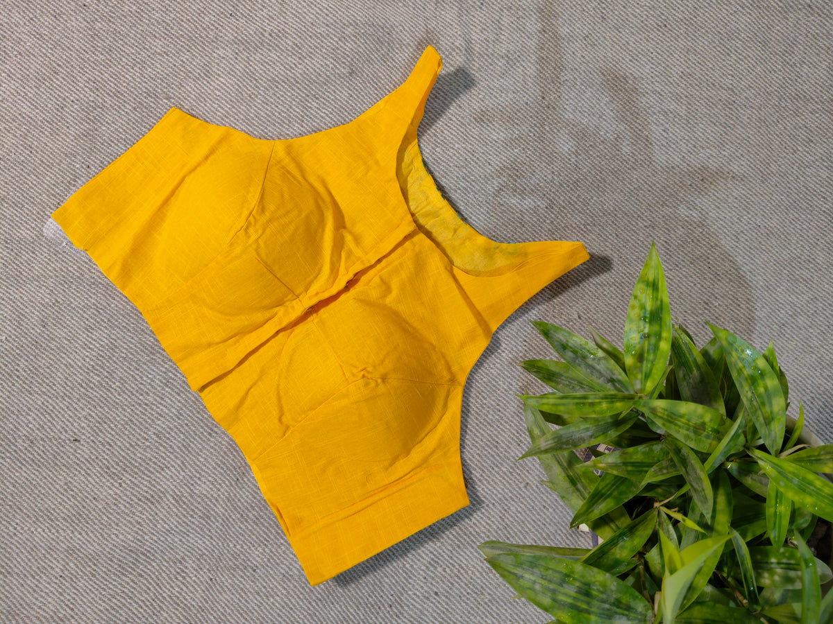 Yellow Cotton Jamdani Razor-Cut Blouse with Hand Embroidery