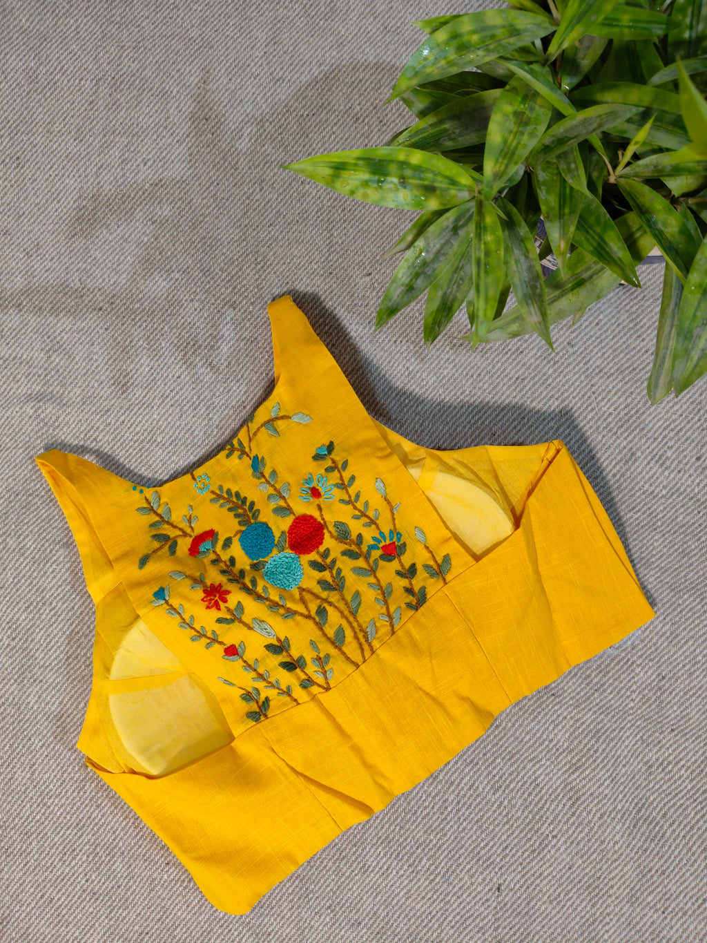 Yellow Cotton Jamdani Razor-Cut Blouse with Hand Embroidery