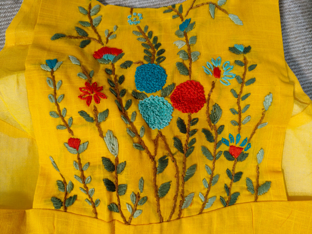 Yellow Cotton Jamdani Razor-Cut Blouse with Hand Embroidery