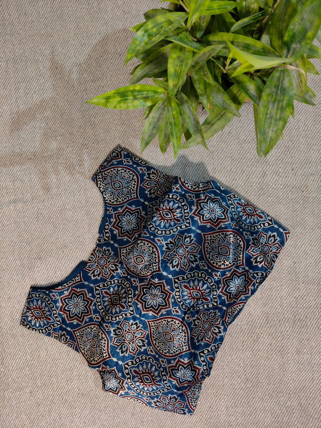 Blue-Red Modal Ajrakh-Inspired Sleeveless Padded Blouse