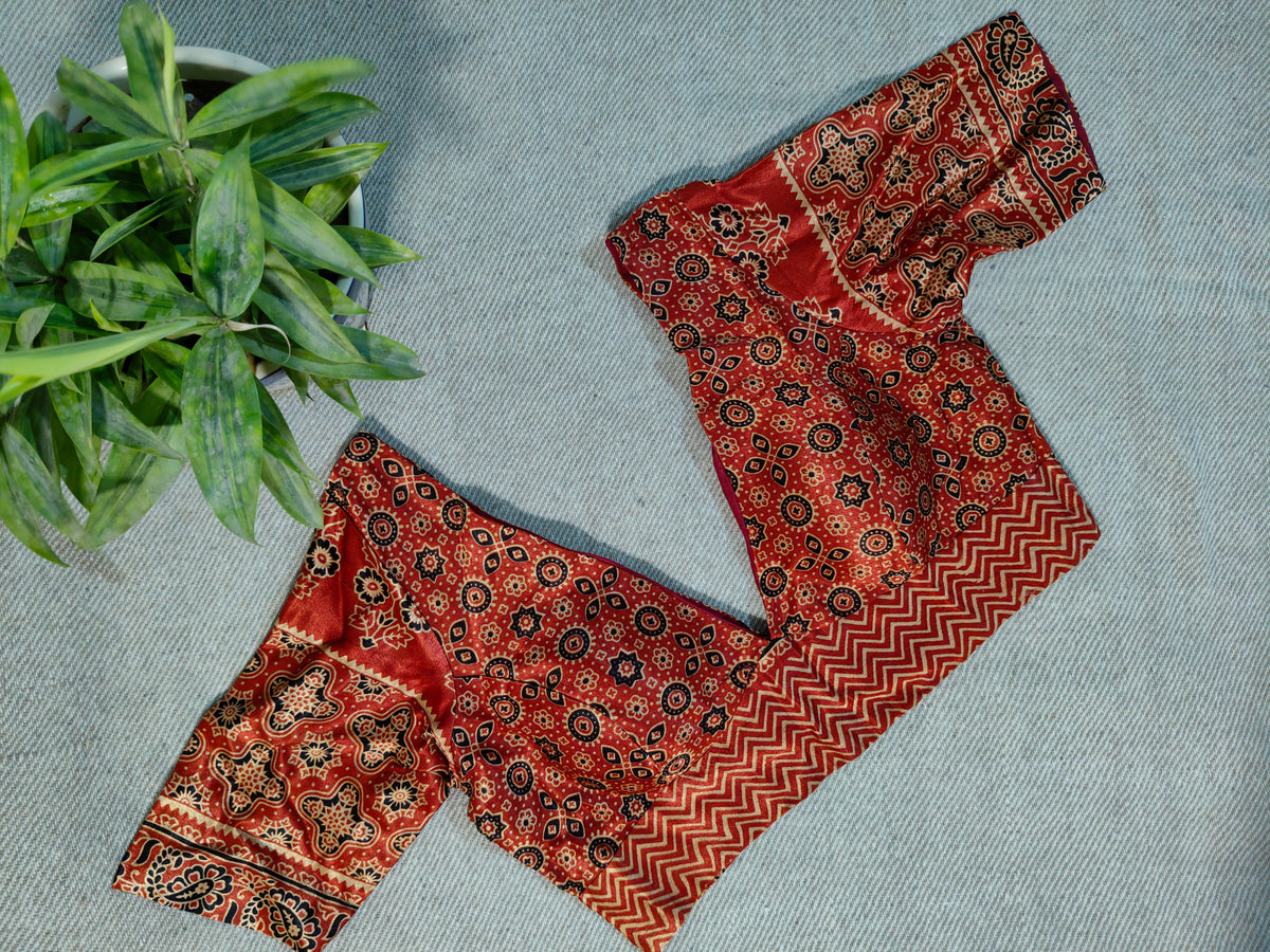 Rust Modal Ajrakh-Inspired Deep V-Neck Padded Blouse